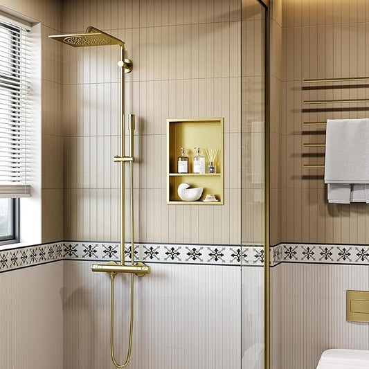 Neodrain Golden 12X18 Inch Double Shelf Stainless Steel Shower Niche, No Tile Needed Bathroom Niches, 2-Tier Recessed Wall Niche for Shower