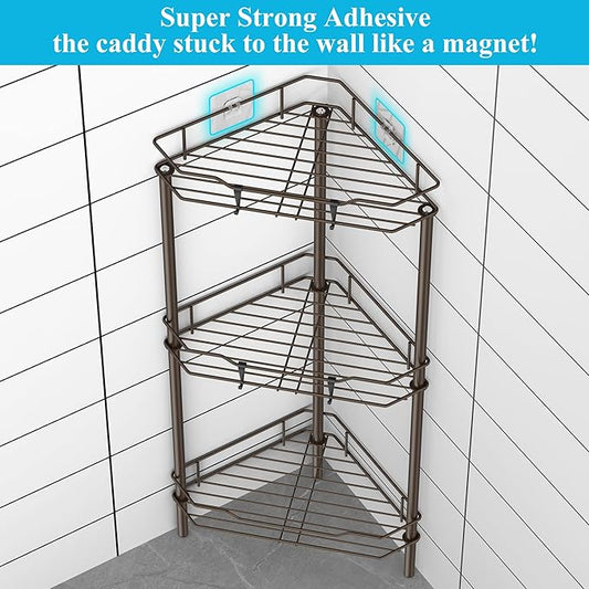 3 Tier Floor Standing Corner Shower Caddy Organizer Shelf with Hooks, Bathroom Shelves Stand Rack, Bronze