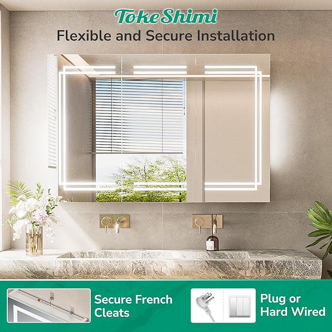 TokeShimi 30x26 Bathroom Mirror Medicine Cabinet with Light 3 Colors, Anti-Fog Tempered LED Mirror with Storage, Stepless Dimming CRI 80+, Memory Funtion, Wall Mirrored Cabinet for Bathroom Décor