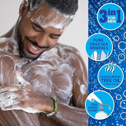 Dead Sea Collection Mens Body Wash 3 in 1 – Sandalwood Body Wash for Men – Shower Gel – Shampoo – Shower Soap for Face and Hair – Pack of 2 Bottles (33.8 Fl. Oz. Each)