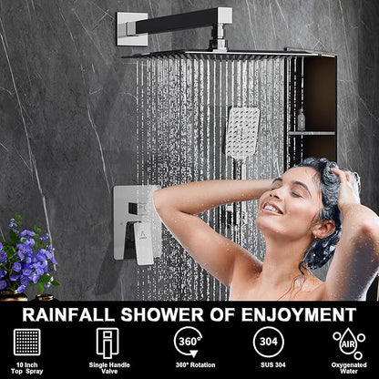 Rain Shower System 10IN Modern Brass Faucet Set With Valve and Diverter Shower Mixer With Handheld High Pressure Square Rainfall Shower Valve (10'' Wall Mount, Chrome Polished)