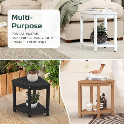 Waterproof Corner Shower Stool for Inside Shower, Poly Lumber Shower Bench Seat Chair, Bath Shower Stool for Shaving Legs Foot Rest with Storage Shelf, Adjustable & Non-Slip Feet, Teak Brown