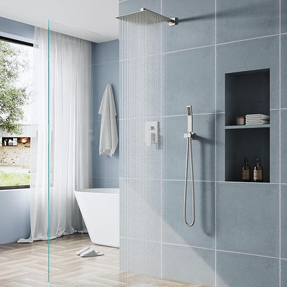 WELLFOR 12-In Wall Mounted Rain Shower Faucet with Single Handle and Handheld Spray, Waterfall Dual Head Shower Head System with 2-way Diverter, Pressure-balanced Valve Included, Brushed Nickel