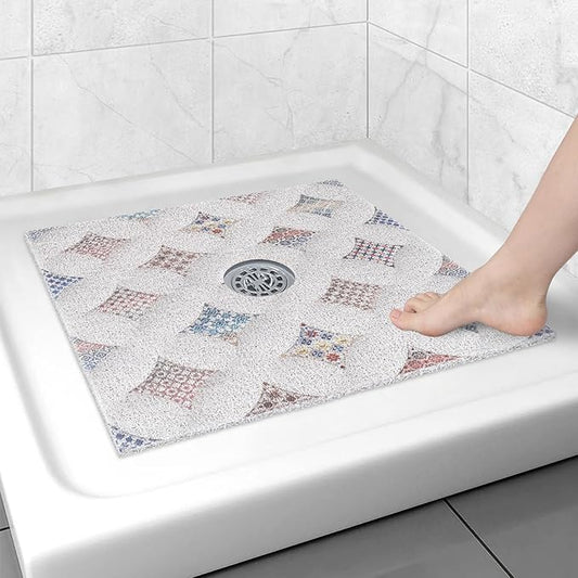 Square Shower Mat Non Slip: 31x31 Inch Extra Large Shower Floor Mat with Drain Hole in Middle - Soft PVC Loofah Bath Mat for Shower - Anti Slip Shower Stall Mat for Elderly and Kids