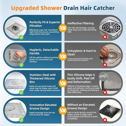 Hibbent Upgraded Shower Drain Hair Catcher, Shower Drain Cover for Bathroom Floor 4" Drain, Anti-Clogging Bathtub Drain Strainer, Stainless Steel Kitchen Sink Drain Strainer with Handle, Grey