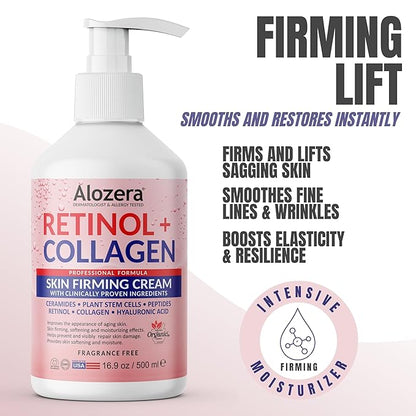 Alozera Skin Firming Retinol Collagen Body Lotion with Stem Cells for Aging Skin and Wrinkles, Non-Greasy, Lightweight Moisturizer, Fragrance-Free, 16.9 oz 2-Pack