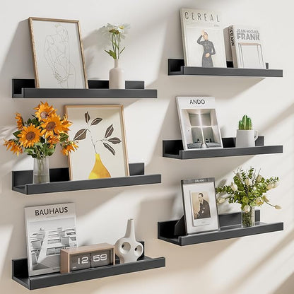 Heimlove Floating Shelves Set of 6, 24" Wall Mounted Picture Ledge, Display Shelf Organizer for Decor Storage, Wall Mounted Shelves for Living Room, Bedroom, Bathroom, Kitchen (Black)