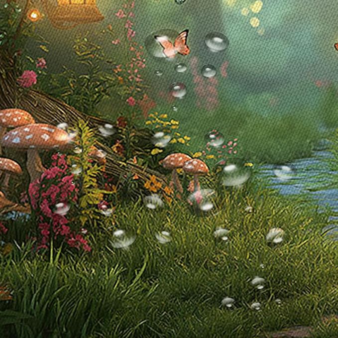 Fantasy Forest Path Shower Curtain Fairy Magical Enchanted Misty Jungle Mushroom Floral Tree Butterfly Lantern Wonderland Plant Bath Curtain Fabric Bathroom Accessories Decor with Hooks 70W x84L