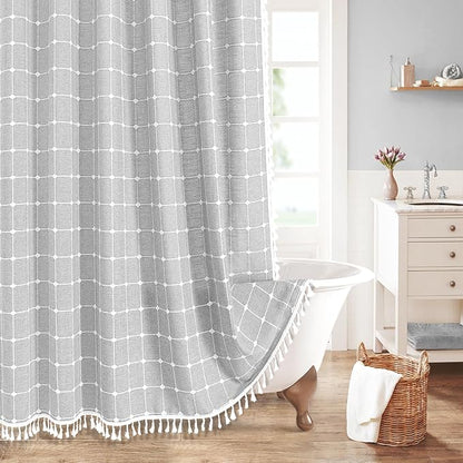 MitoVilla Grey Farmhouse Shower Curtain Set 72 x 78, Boho 78 inch Long Polyester Linen Tassel Fabric Shower Curtain Set for Chic Cottagecore French Rustic Bathroom Decor, Light Grey