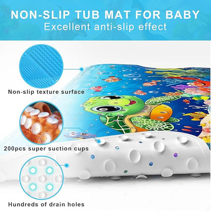 Upgrade Cartoon Baby Bath Mat Non Slip - 40"x16" Extra Long Bathtub Mat for Baby Eco Friendly Durable Bath Mat for Tub Non Slip Kids Tub Mat with Suction Cups, Machine Washable and No Fading, Turtle