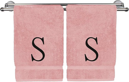 Monogrammed Hand Towel, Personalized Initial Gift, Extra Absorbent 100% Turkish Cotton - Soft Terry Finish - Set of 2 - Black Block Initial S - Embroidered on Pink Towels