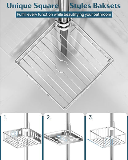 SElRIONE Corner Shower Caddy Tension Pole, Quick Setup, Rust-Free Bathroom Shower Organizer Corner for Bathtub Shampoo Storage, 4-Tier Adjustable Shelf, Drill Free, Fits 34 to 116 Inch Height