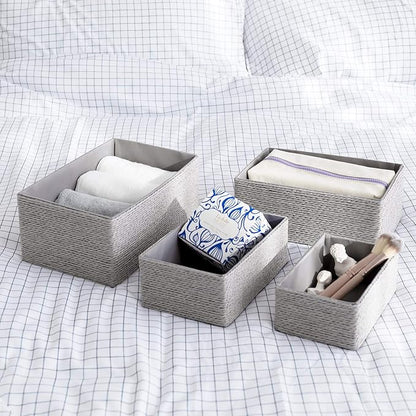 LA JOLIE MUSE Storage Baskets Set 4 - Stackable Woven Basket Paper Rope Bin, Storage Boxes for Makeup Closet Bathroom Bedroom (Gray)