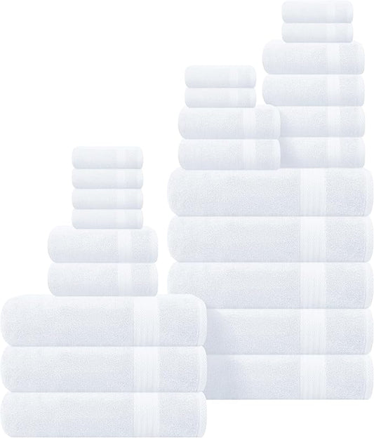 GLAMBURG Ultra Soft 24-Piece Towel Set - 100% Pure Ringspun Cotton, Contains 8 Oversized Bath Towels 27x54, 8 Hand Towels 16x28, 8 Wash Cloths 13x13 - Ideal for Everyday use, Hotel & Spa - White