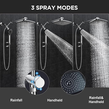 Veken Wide High Pressure Rain Shower Head with Handheld, Handheld Shower Heads with Multi Spray Modes, Rainfall Combo with 15" Metal Extension Arm,Detachable Dual Shower, Bathroom Decor,Chrome Silver