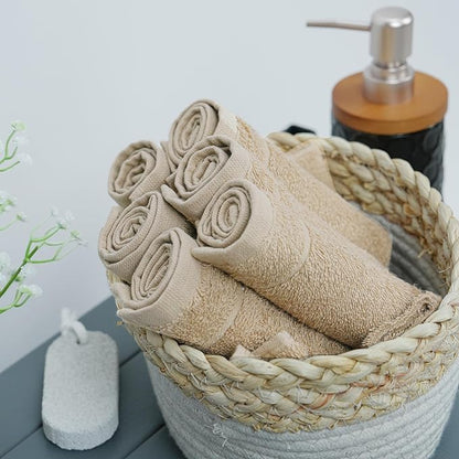 Tens Towels Pack of 12 Washcloths, 12 x 12 Inches, Lighter Weight, Quick to Dry, Super Soft & Absorbent, Gentle Face Towels, Hotel Quality, Perfect for Bathroom, Gym, Spa (Beige, 12 Pack)