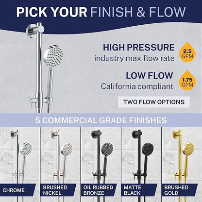 HammerHead Showers® Solid Metal 27.5 Inch Shower Slide Bar Set and Handheld Shower Head with Hose — BRUSHED GOLD — 1.75 GPM Low Flow Spray Wand — Easily Adjust Height & Angle of Handshower