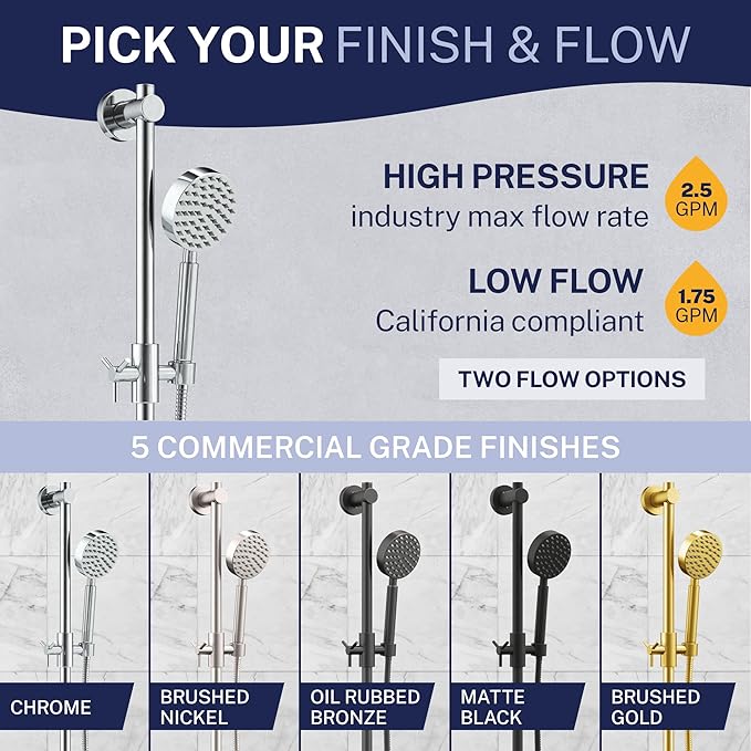 HammerHead Showers® Solid METAL 27.5 Inch Shower Slide Bar Set and Handheld Shower Head with Hose — BRUSHED GOLD — 2.5 GPM High Pressure Spray Wand — Easily Adjust Height & Angle of Handshower