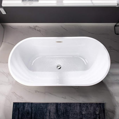 WOODBRIDGE 59" Acrylic Freestanding Bathtub Contemporary Soaking White Tub with Brushed Nickel Overflow and Drain,B0014 -B/N-Drain &O