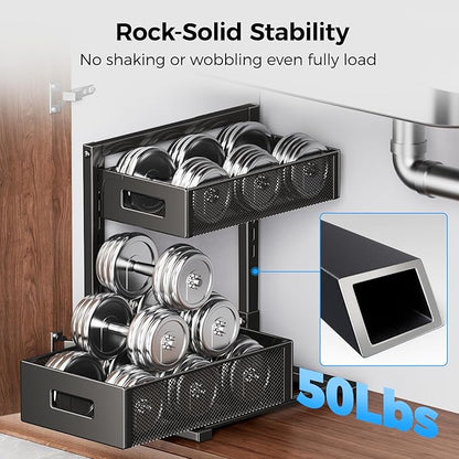 Under Sink Organizer 2 Tier, Adjustable Height Under Sink Organizers and Storage, Smooth & Silent Sliding Out Metal Drawer for Kitchen Bathroom Pantry Cabinet Closet