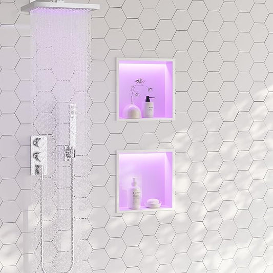 12X12 RGB Shower Niche, White Stainless Steel LED Recessed Storage, No Tile Needed Wall Niche for Bathroom Storage Built-in Installation