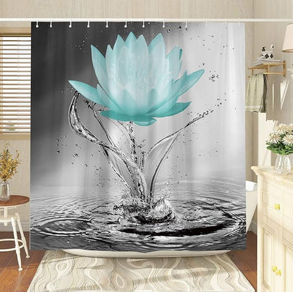 Lotus Shower Curtain Black White Grey Teal Flower Elegant Blooming Floral with Dew Spring Flower Reflection on Water Modern Romantic Polyester Fabric Bathroom Decor 60×70 Inch with Hook