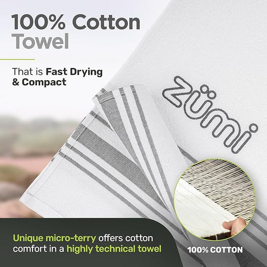 Zumi MINI 100% Cotton Camping Travel Towel - Small, Ultralight, Fast Drying, Highly Absorbent, Soft and Gentle on The Skin, Safe for The Planet (28" x 13" White)