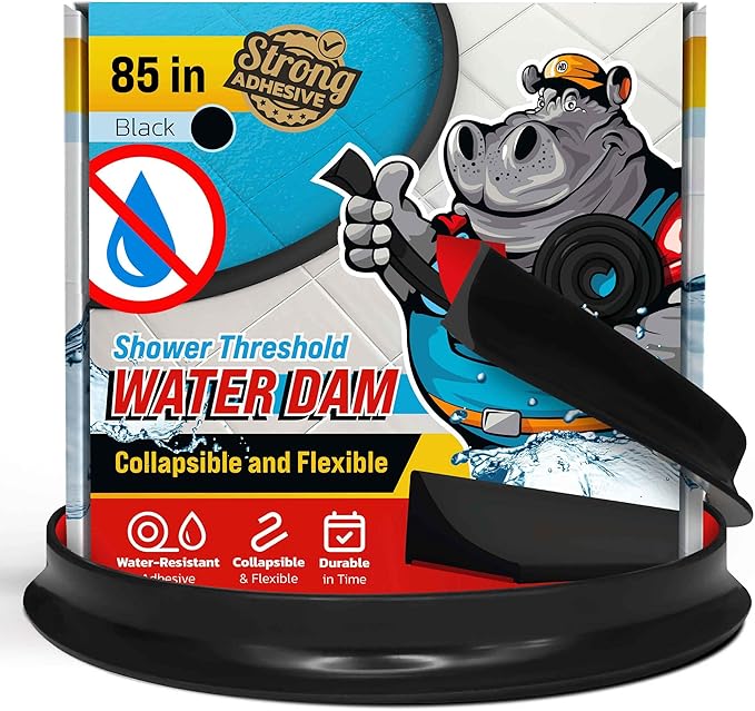 Shower Threshold Water Dam Barrier 85" - Black Collapsible Shower Water Blocker - Guard for Walk in Shower - Water Guard Stopper for Floor - Shower Door Water Blocker by Hippo Dam