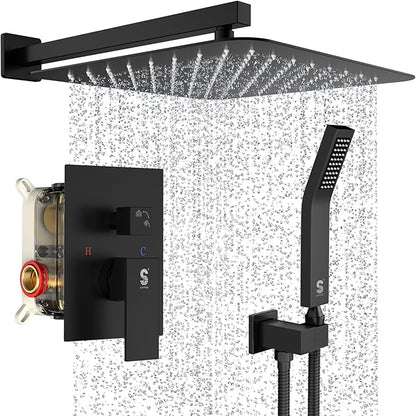 SR SUN RISE Matte Black Square Rainfall Shower Head and Handle Set, Wall Mounted Shower Fixtures, Metal Shower Faucet Trim Repair Kits (With Shower Valve) 16 Inches