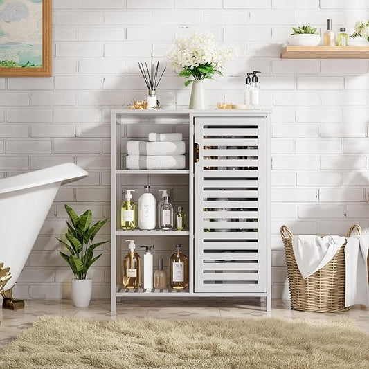 HITNET Bathroom Cabinet Freestanding, Bamboo Floor Cabinet, Side Storage Organizer with Door and 3 Shelves, Living Room Kitchen Cupboard, White