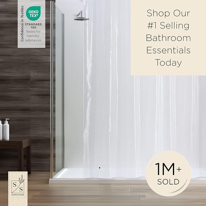 Stitch & Stone Shower Curtain Liner, Premium Medium Weight Durable Waterproof 6g PEVA for Bathroom with Weighted Magnets, Extra Long 72" x 96", Clear 1 Pack