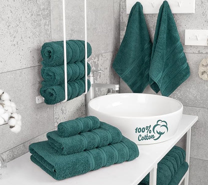 American Soft Linen Luxury 6 Piece Towel Set, 2 Bath Towels 2 Hand Towel 2 Washcloths, 600 GSM 100% Cotton Turkish Towels for Bathroom, Teal Towel Sets