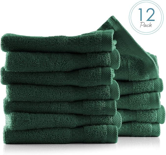 Hearth & Harbor Washcloths 12 Pack - 100% Cotton Washcloth for Body and face, High Absorbent and Soft 13"x13" Body Wash Cloth, Quick Dry - Hunter Green Washcloths