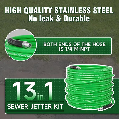 Sewer Jetter Kit for Pressure Washer 100FT – 5800PSI High-Pressure Drain Cleaner, M22 & 1/4'' NPT Universal Fit, Unclog Gutters & Sewer Lines, Durable Jetter Hose for Homeowners & DIYers