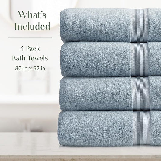Springtree Home Luxury Bamboo Rayon Bath Towel Set of 4 | 35% Bamboo Rayon - 65% Cotton | Absorbent Quick-Dry Towels for Bathroom | Oeko-TEX Standard 100 Cotton | Blue Fog - 4 Pack