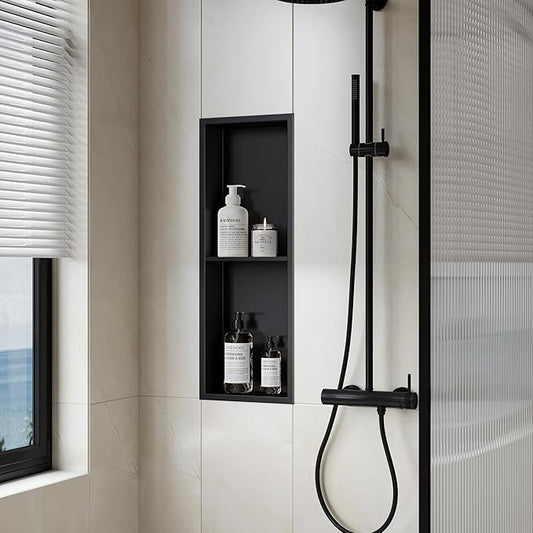 Neodrain Shower Niche Double Shelf Stainless Steel No Tile Needed Bathroom Niches Recessed in Wall, 2-Tier Recessed Wall Niche Waterproof Cubby(8X24 Inch,Matte Black)