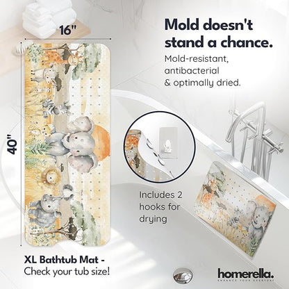 Bath Tub Mat Non Slip Anti Mold for Kids BPA Free INCL Hooks - homerella® Ocean Sea Animals 40x16, Baby Bath Mat Non Slip 200 Suction Cups, Non Toxic Machine Washable Toddler Bath Mat, EU Certified