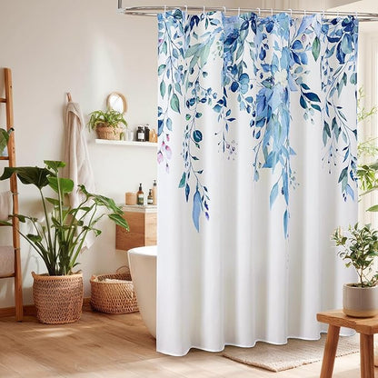 Colorful Star Blue Eucalyptus Waterproof Shower Curtain Set with Hooks, Minimalist Watercolor Floral Print Bathroom Décor, Plant Leaves Washable Fabric Shower Curtain, 72 x 72 Inch
