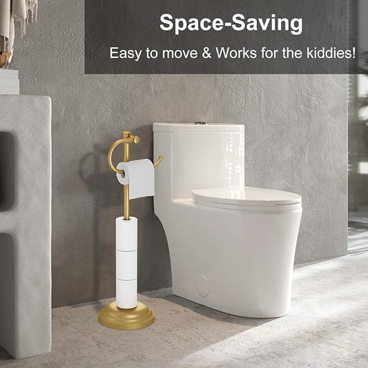 Hoimpro 25" Toilet Paper Roll Tissue Holder Free Standing with Shelf Storage Stand for 4 Rolls, Freestanding Hardware Accessories Rack Brushed Gold