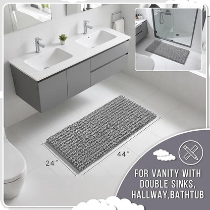 Yimobra Long Bathroom Rugs Non Slip Washable 44x24 Inch - Ultra Soft Absorbent Chenille Bath Mat, Quick Dry Shaggy Floor Carpet for Tub Shower, Gray Home Decor Accessories