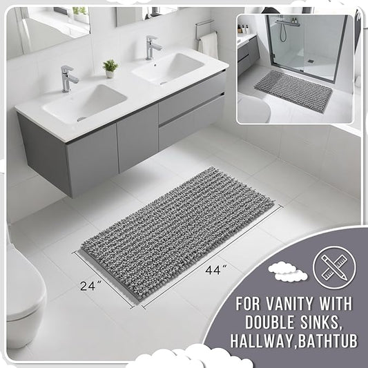 Yimobra Long Bathroom Rugs Non Slip Washable 44x24 Inch - Ultra Soft Absorbent Chenille Bath Mat, Quick Dry Shaggy Floor Carpet for Tub Shower, Gray Home Decor Accessories