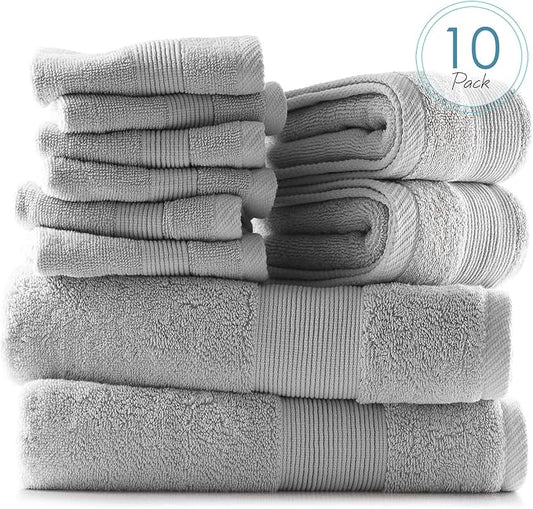 Hearth & Harbor Bath Towels for Bathroom - 100% Ring Spun Cotton Luxury Bathroom Towels - Ultra Soft & Highly Absorbent, Bath Towels Set of 10 - Silver Gray