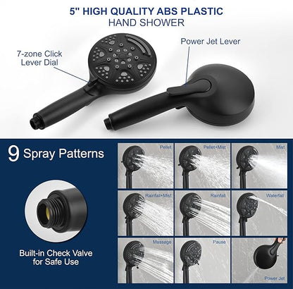 SHAMANDA 15-Function Shower System with Valve and Trim, Bathroom Luxury Shower Faucets Sets Complete with 9 Setting Handheld showerhead & 6 Setting Rain Shower, Wall mounted, Matte Black, L8082-7