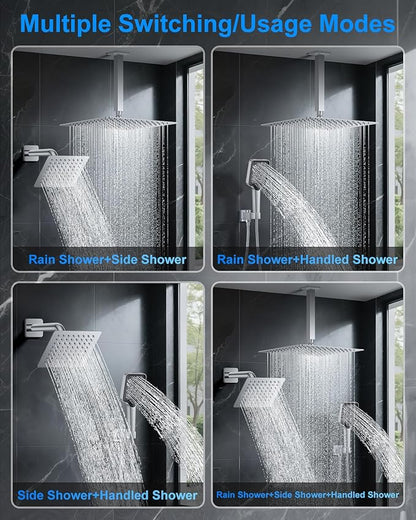 Shower System with Pressure Balance Valve, 12" Ceiling Mount Shower Faucet Set with 2 Rain Shower Head And Multi-function Handheld Head Push Button Diverter Pressure Balancing Valve Kit,Chrome