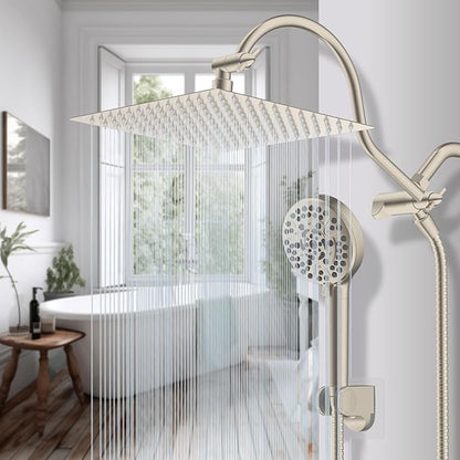 Hibbent 12'' All Metal CUPC Certified Shower Head, High Pressure Rainfall Shower Head, Handheld Showerhead Combo, 12'' Adjustable Extension Arm, 10-Spray, 71'' Hose, Showerhead Holder, Brushed Nickel