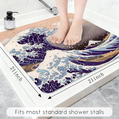 Bathtub Mat Non Slip, Japanese Wave Square Bath tub Mat Shower Floor Mat with Suction Cups for Adults Kids Elderly 21 X 21 Inch