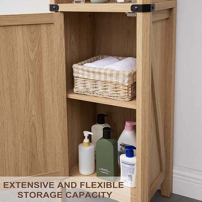 Bathroom Storage Cabinet, 5-Shelf Farmhouse Storage Cabinet with Barn Door&Adjustable Shelves, Bathroom Organizer for Living Room, Kitchen (Natural Oak)