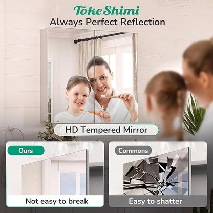 TokeShimi 40 x 26 Farmhouse Medicine Cabinet Recessed or Surface Mount Aluminum, Mirror with Stepless Adjustable Storage, Silver Bathroom Mirror Medicine Cabinet Frameless Metal Modern