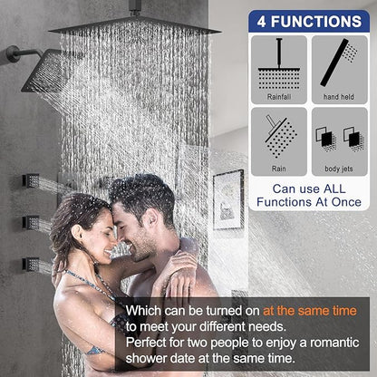 Black Thermostatic Shower System Dual Shower Heads with 16" Ceiling Mounted Rain Shower Head & 6" Wall Mounted Head 4 Function Full Body Shower System with body jets Can All Run Together