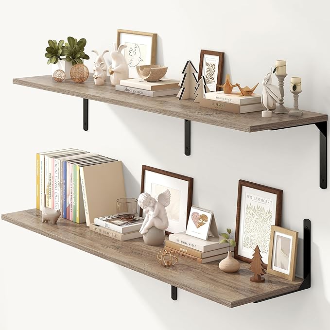 Fun Memories Floating Shelves for Wall, 12 Inch Deep Floating Shelves Set of 2, Wall Mounted Shelf with Metal Brackets, Rustic Wood Wide Shelf for Bathroom, Kitchen and Living Room, Grey, 55W x 12D